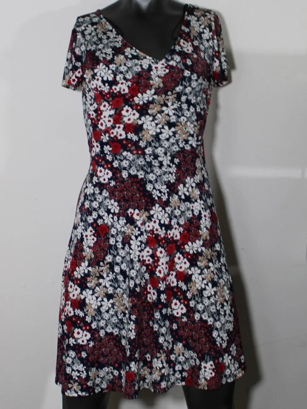 Kaileigh Amandine Floral Faux-Wrap Knit Dress Navy Red Medium